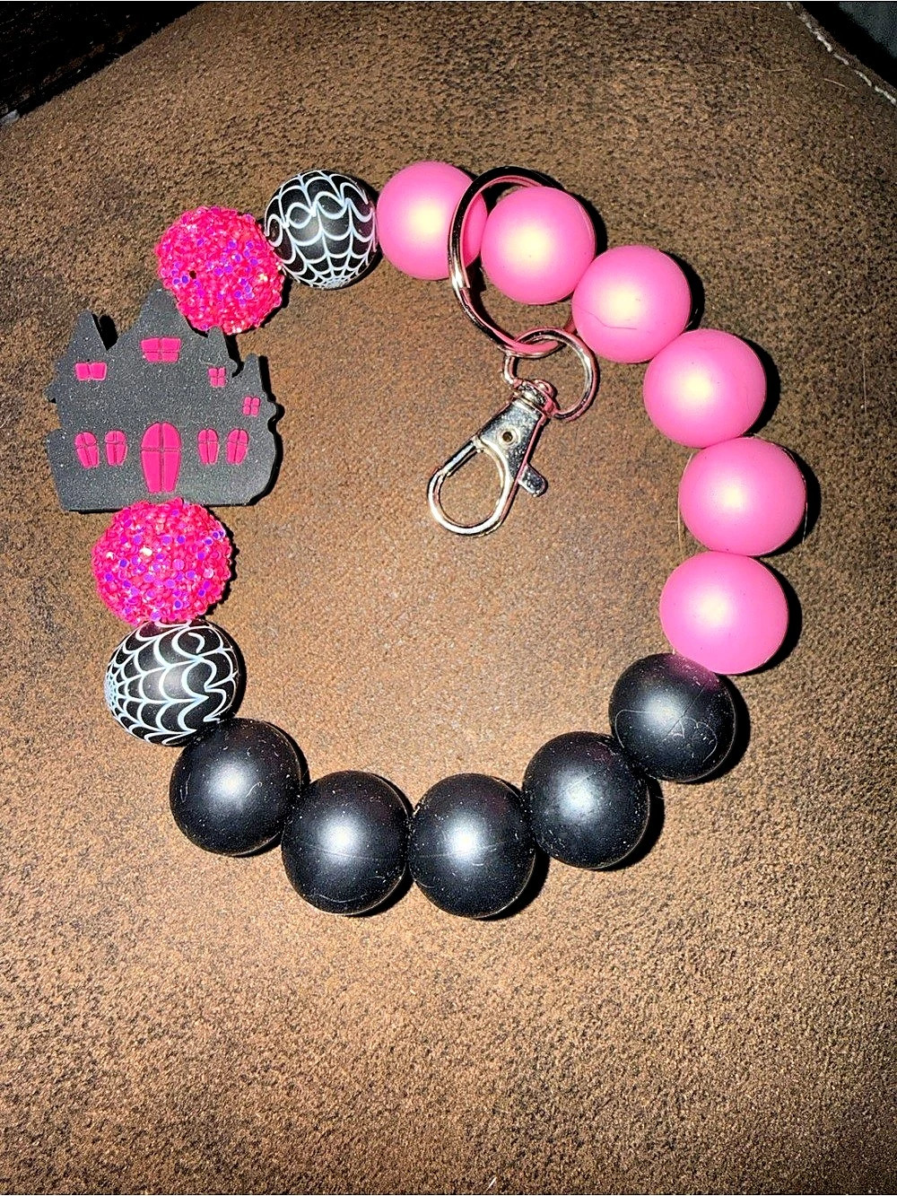 Pink & Black Beaded Keychain Wristlet